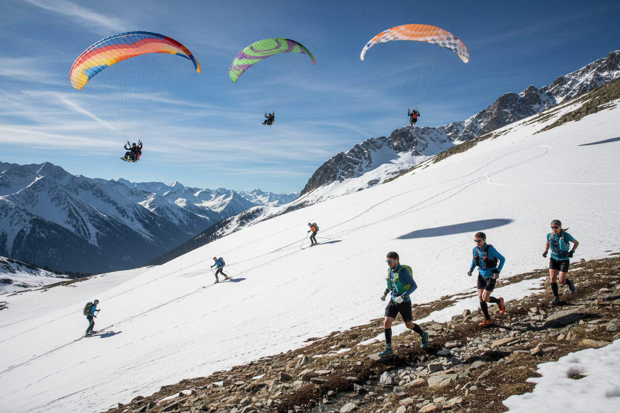 parapente ski trail au milieu de l'image avec des gens
